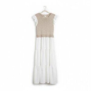 Beige and White Knit Bodice Poplin Midi Dress